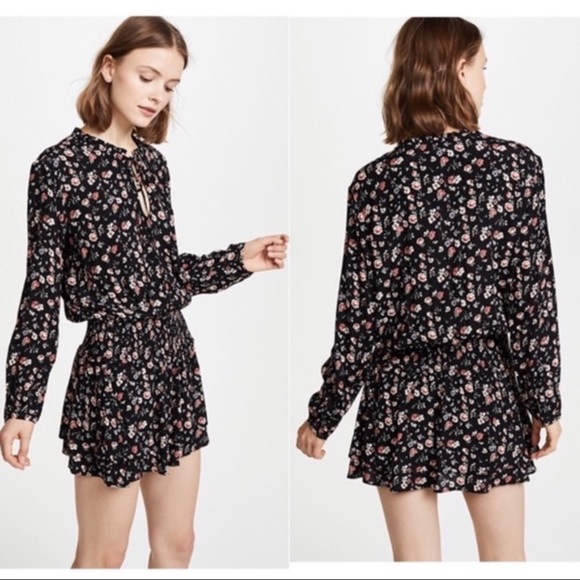 Rails Romee Floral Print Long Sleeve Mini Dress Pink Rose Smocked Tie Neck Sz S - Picture 2 of 10